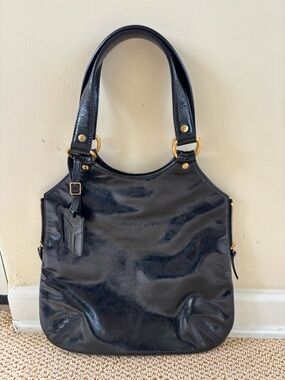 YSL YVES SAINT LAURENT Black Patent Leather Tribute Tote Bag Gold